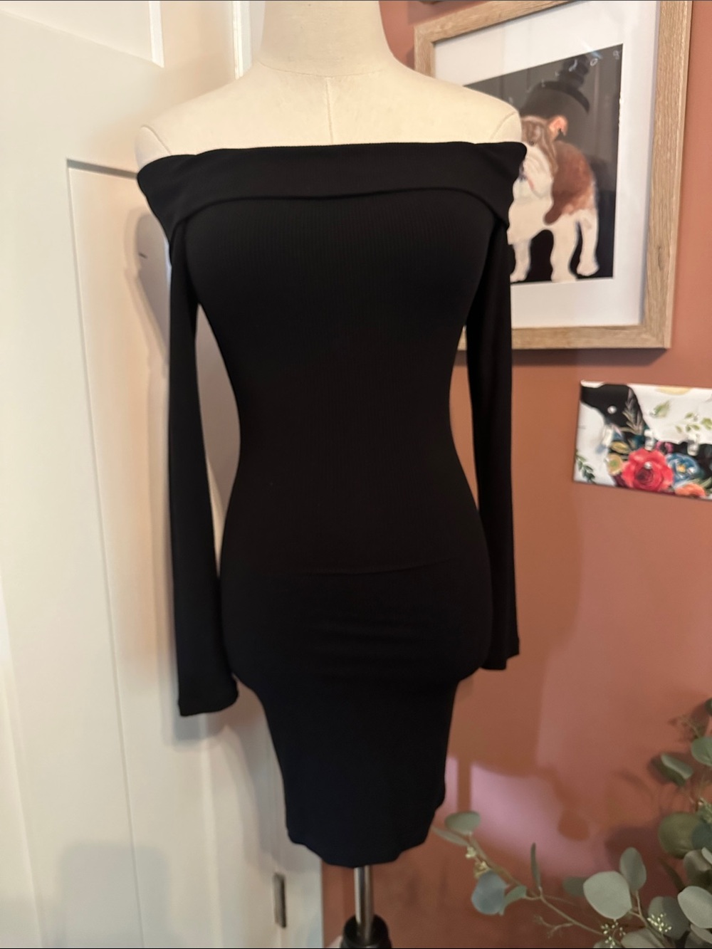 NWT White Fox Nice & Clear Off-Shoulder black Ribbed Bodycon mini XS lined dress
